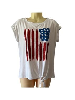 Liberty Park NWT White Patriotic Sparkle Flag Tee Shirt Knit Top Womans Size Sm